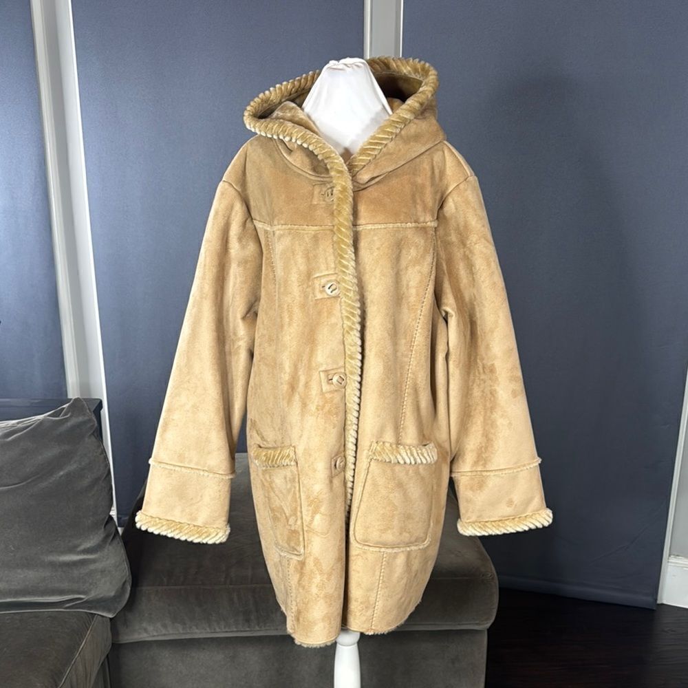 Women’s Vintage St John’s Bay Tan Faux Suede Hooded Coat Faux Fur Lined Size L